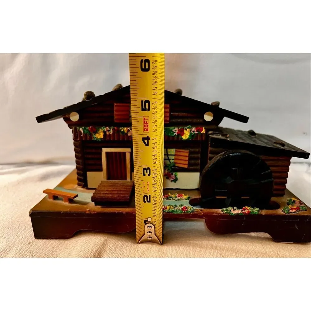 VTG 1960's Log Cabin Cottage Mill Moving Water Wheel Jewelry Music Box Japan